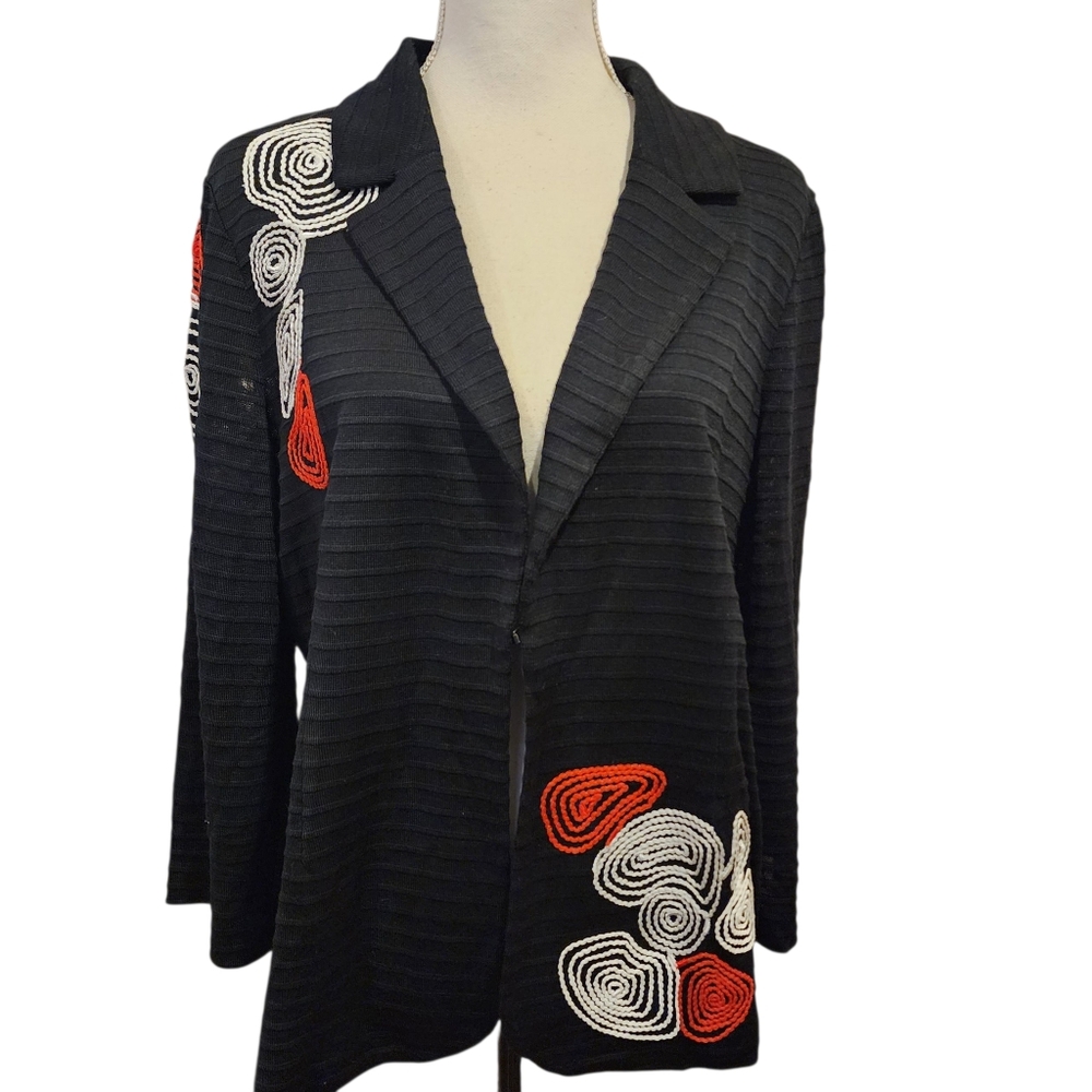 Ming Wang Black Blazer with Red and White Embroidery Sz Large - Picture 6 of 13